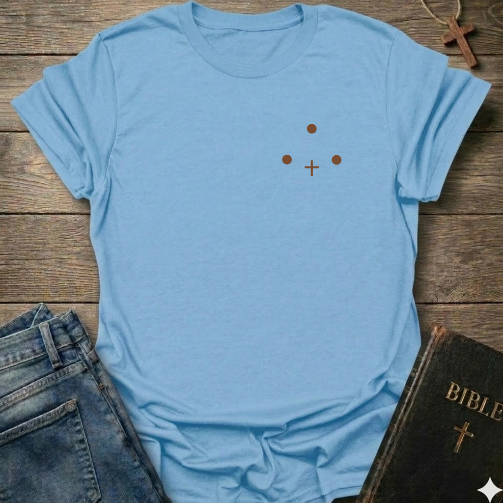 Light blue t-shirt with Three Dots and a Cross Minimal Christian T-Shirt conversation starter faith apparel on a wooden surface with jeans and a Bible.