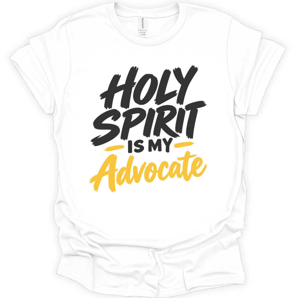 A white short-sleeve crewneck t-shirt with a graphic print on the front reading 'HOLY SPIRIT IS MY Advocate' in black and yellow lettering, displayed on a clean white background.