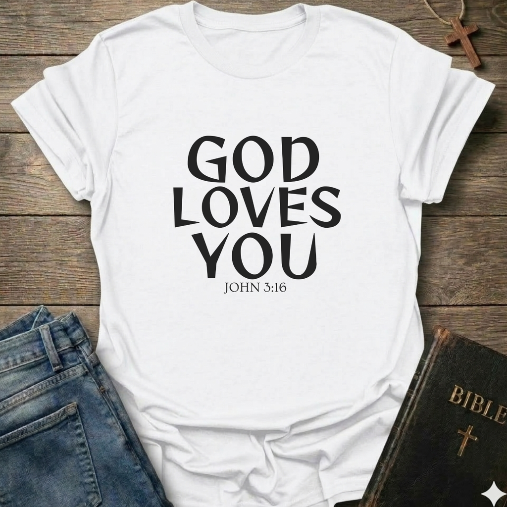 White t-shirt with 'GOD LOVES YOU' John 3:16 text Christian bold faith apparel Faith Forward on a wooden surface with jeans and a Bible.