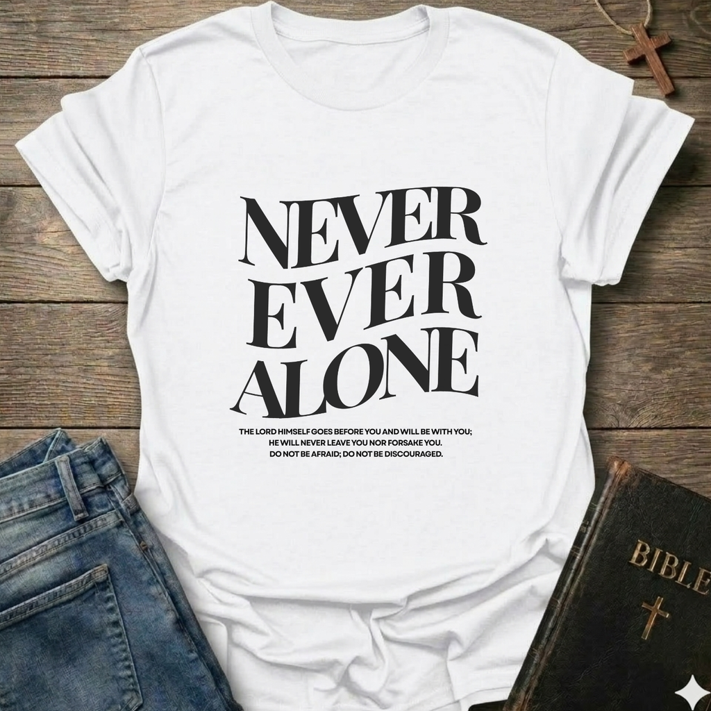 White t-shirt with 'NEVER EVER ALONE' text on a wooden surface with jeans and a Bible. Never Ever Alone Never Forsaken Christian T-Shirt Deuteronomy 31:8 bold faith apparel Faith Forward