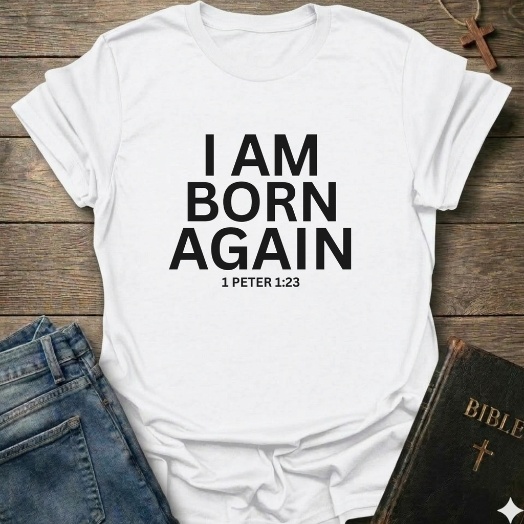 White t-shirt with 'I AM BORN AGAIN 1 PETER 1:23' text I Am Born Again Christian bold faith apparel conversation starter on a wooden surface with jeans and a Bible.