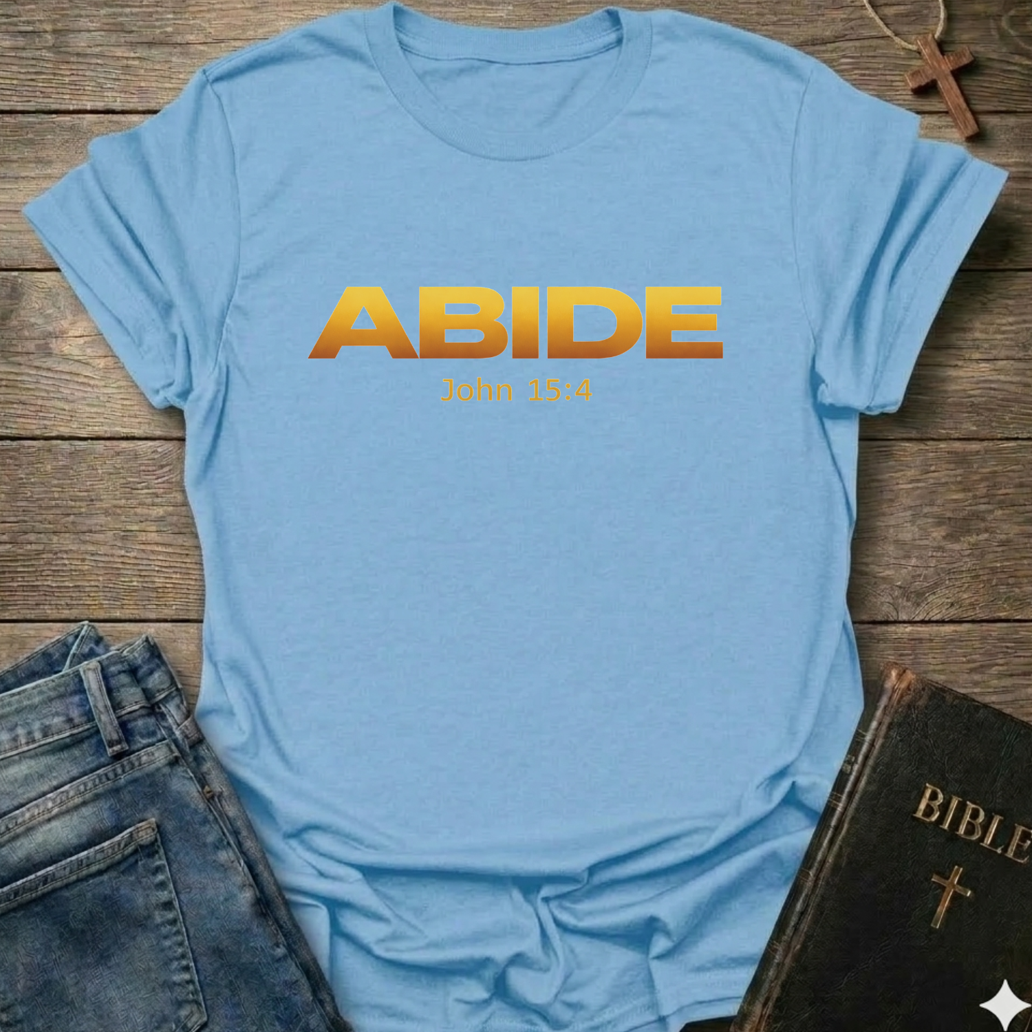 Abide Christian T-Shirt John 15:4 gold gradient faith apparel conversation starter