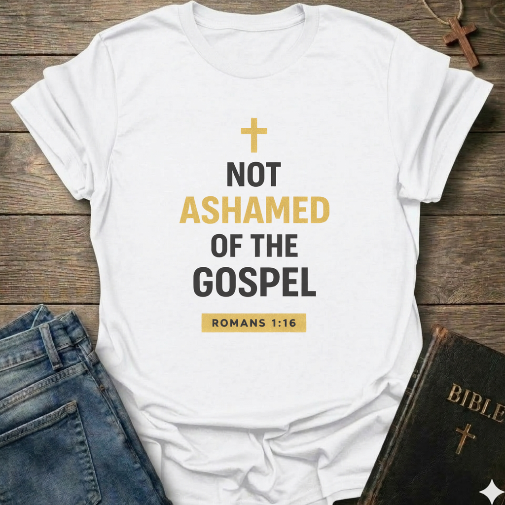 White t-shirt with 'Not Ashamed of the Gospel' text on a wooden surface with a Bible and cross. Christian T-Shirt Romans 1:16 bold faith apparel Faith Forward