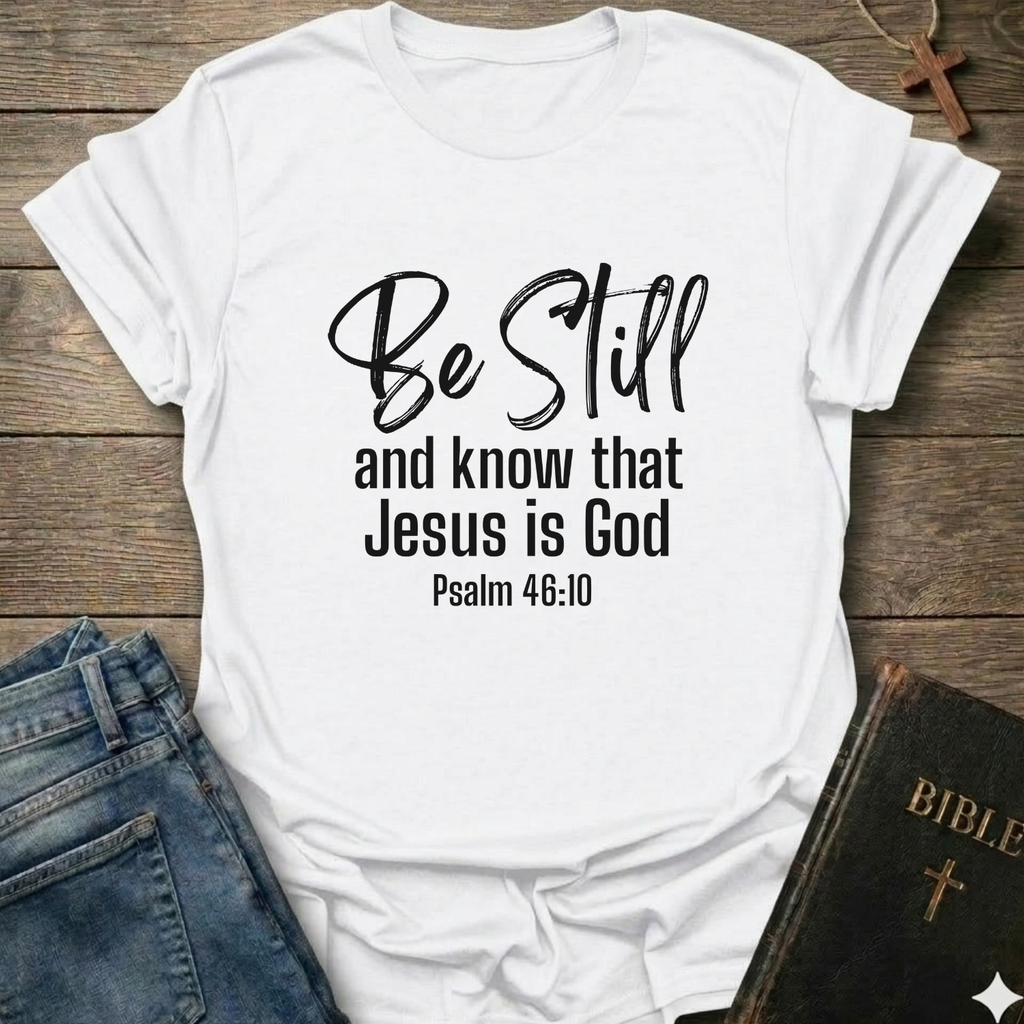 White t-shirt with 'Be Still and know that Jesus is God' text Psalm 46:10 script faith apparel Faith Forward on a wooden surface with jeans and a Bible.