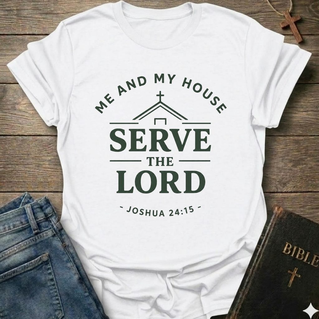 White t-shirt with Me and My House Serve the Lord | Joshua 24:15 Faith Forward text on a wooden surface with jeans and a Bible.