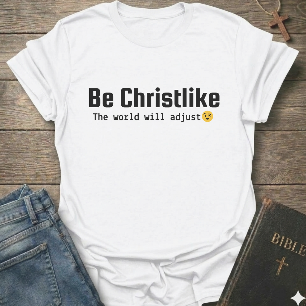 White t-shirt with 'Be Christlike The world will adjust' text on a wooden surface with jeans and a Bible.