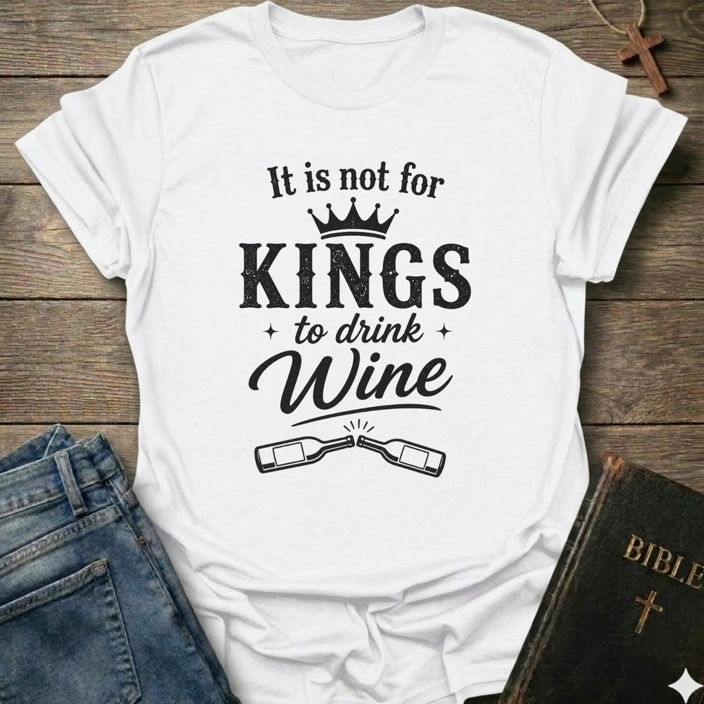 White t-shirt with black text "It is Not for Kings to Drink Wine" and 2 wine bottles graphic based on Proverbs 31:4 Christian faith apparel conversation starter on a wooden surface with jeans and a Bible.