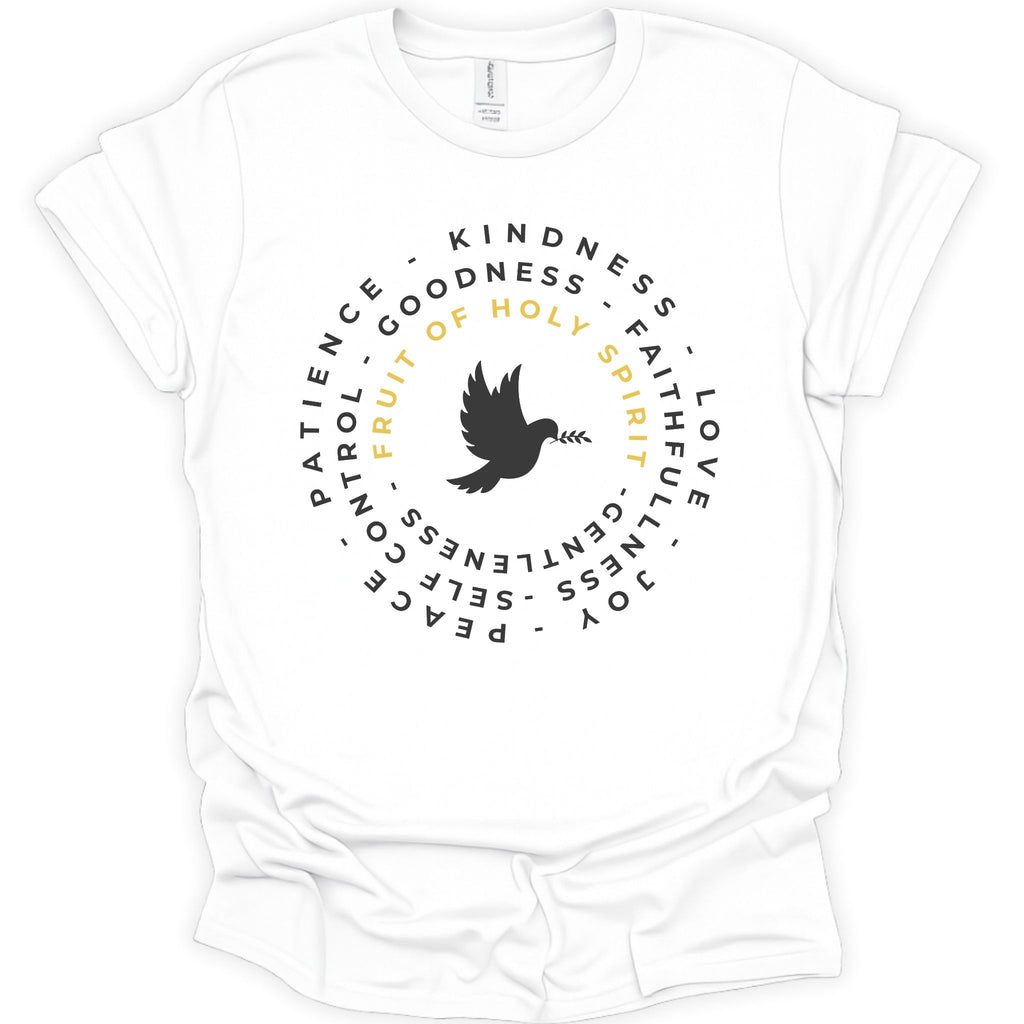 A white short-sleeve crewneck t-shirt with a circular graphic on the chest. The graphic features a black dove holding an olive branch, surrounded by the words 'FRUIT OF HOLY SPIRIT' in yellow and other virtues like patience, kindness, and love in black text.