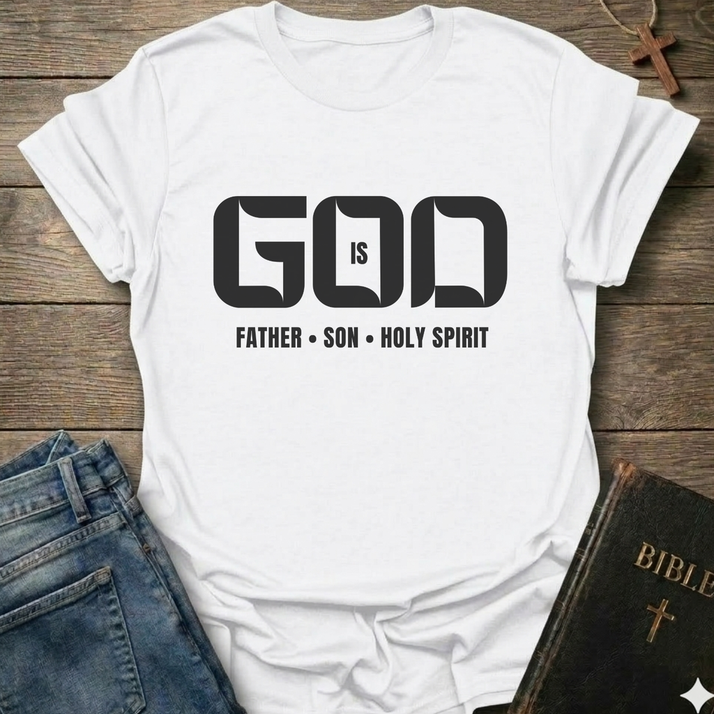 A white short-sleeve graphic T-shirt laid flat on a rustic wooden surface, styled with blue jeans and a black Bible. The shirt has bold black text reading 'GOD IS' with 'FATHER • SON • HOLY SPIRIT' underneath.