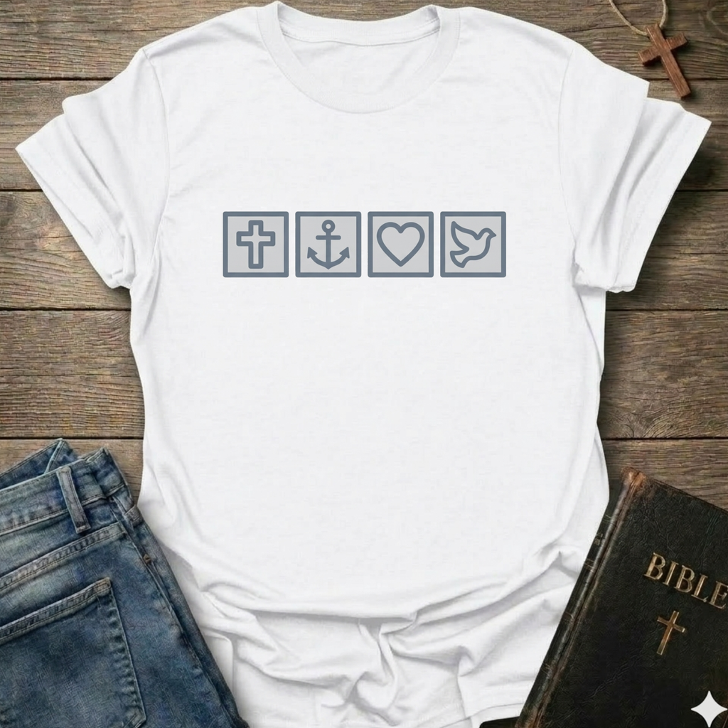 White t-shirt with Biblical Relatable Symbols Christian T-Shirt faith apparel conversation starter on a wooden surface with jeans and a Bible.