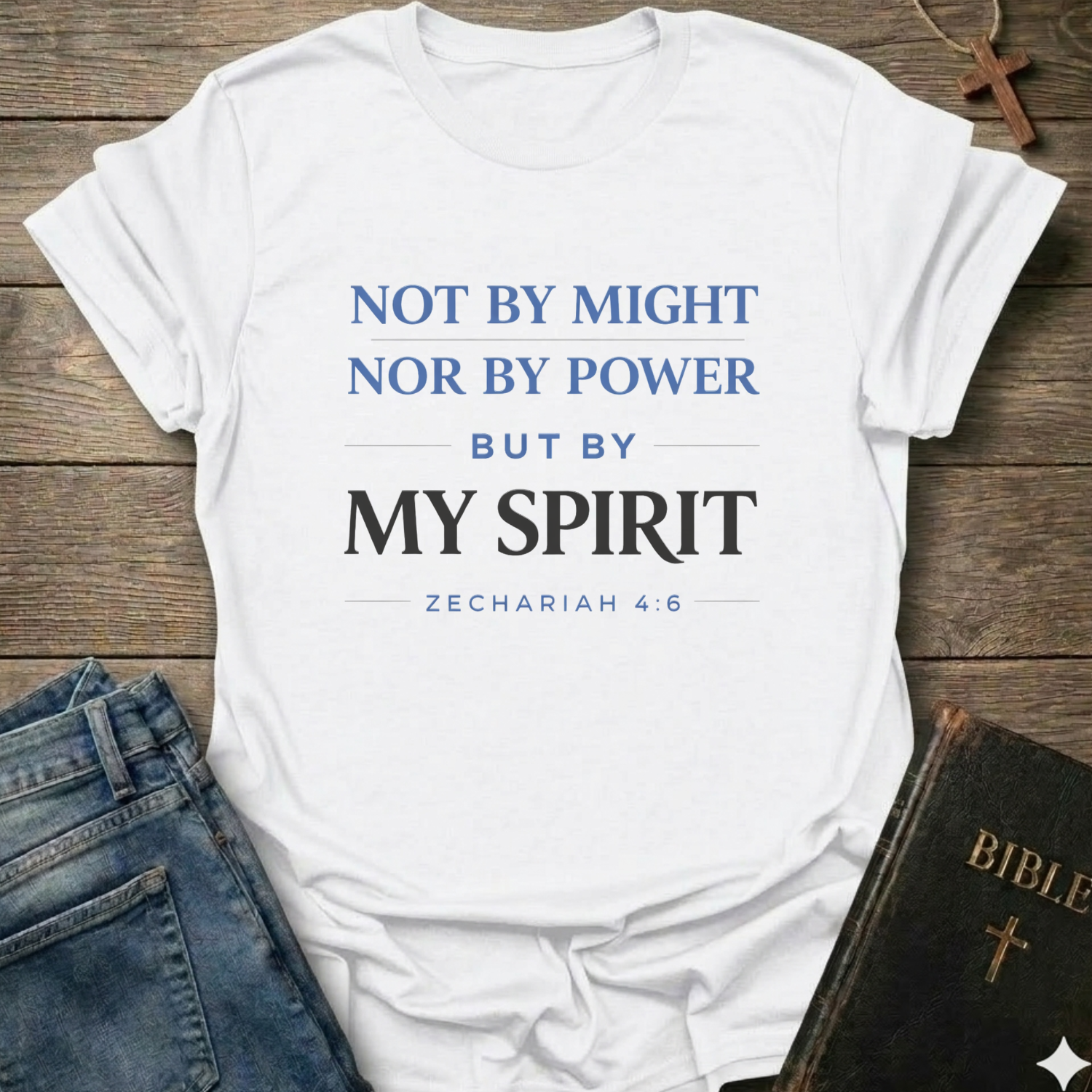 White Christian T-Shirt with text Not by Might but by My Spirit  Zechariah 4:6 faith apparel conversation starter inspirational quote on a wooden surface with jeans and a Bible.