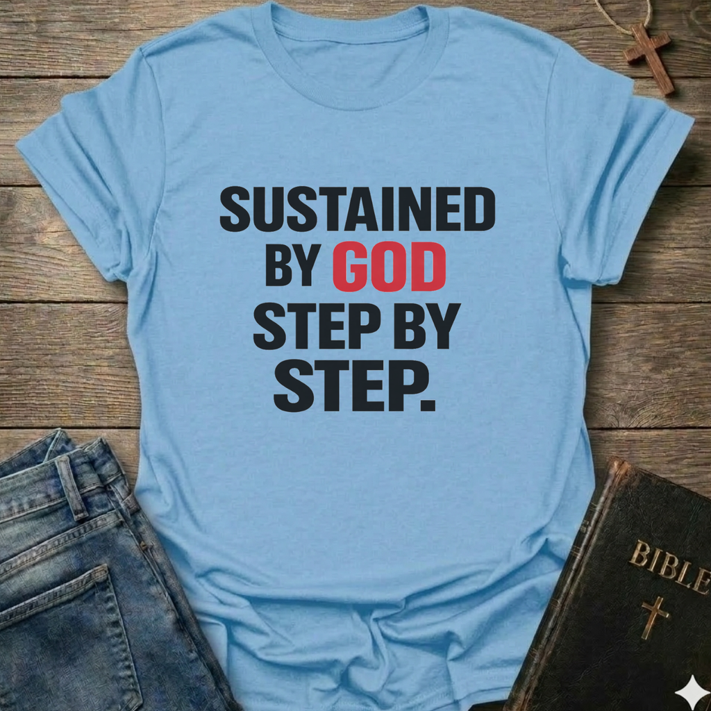 Sustained by God Step by Step front print Christian T-Shirt dark grey bold faith apparel Faith Forward