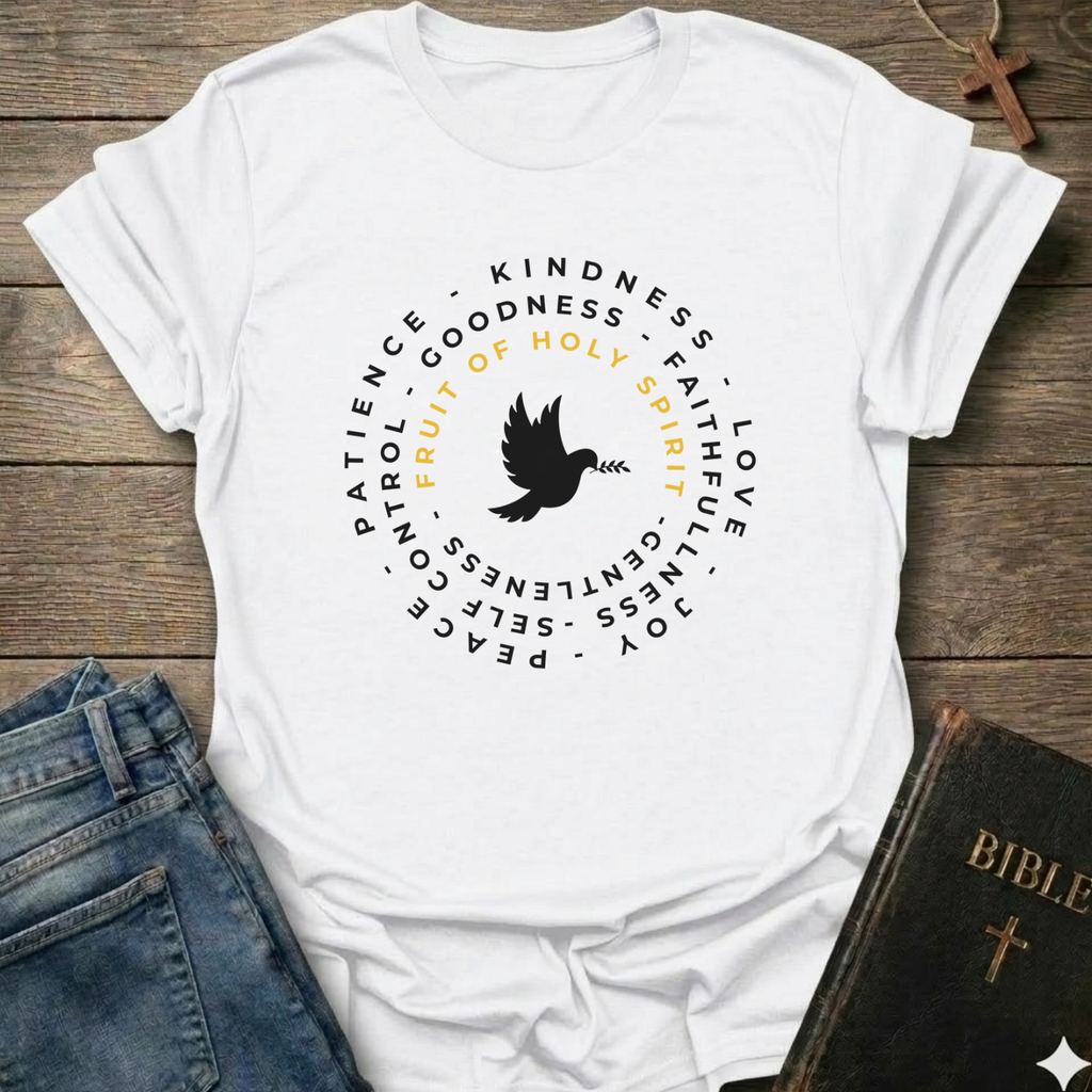 A white short-sleeve T-shirt laid flat on a rustic wooden surface, styled with blue jeans, a Bible, and a wooden cross. The shirt has a circular graphic with a black dove in the center and black text around it, including the words 'PATIENCE', 'KINDNESS', 'GOODNESS', 'FAITH', 'LOVE', 'JOY', 'PEACE', and 'GENTLENESS', with 'FRUIT OF HOLY SPIRIT' in yellow.