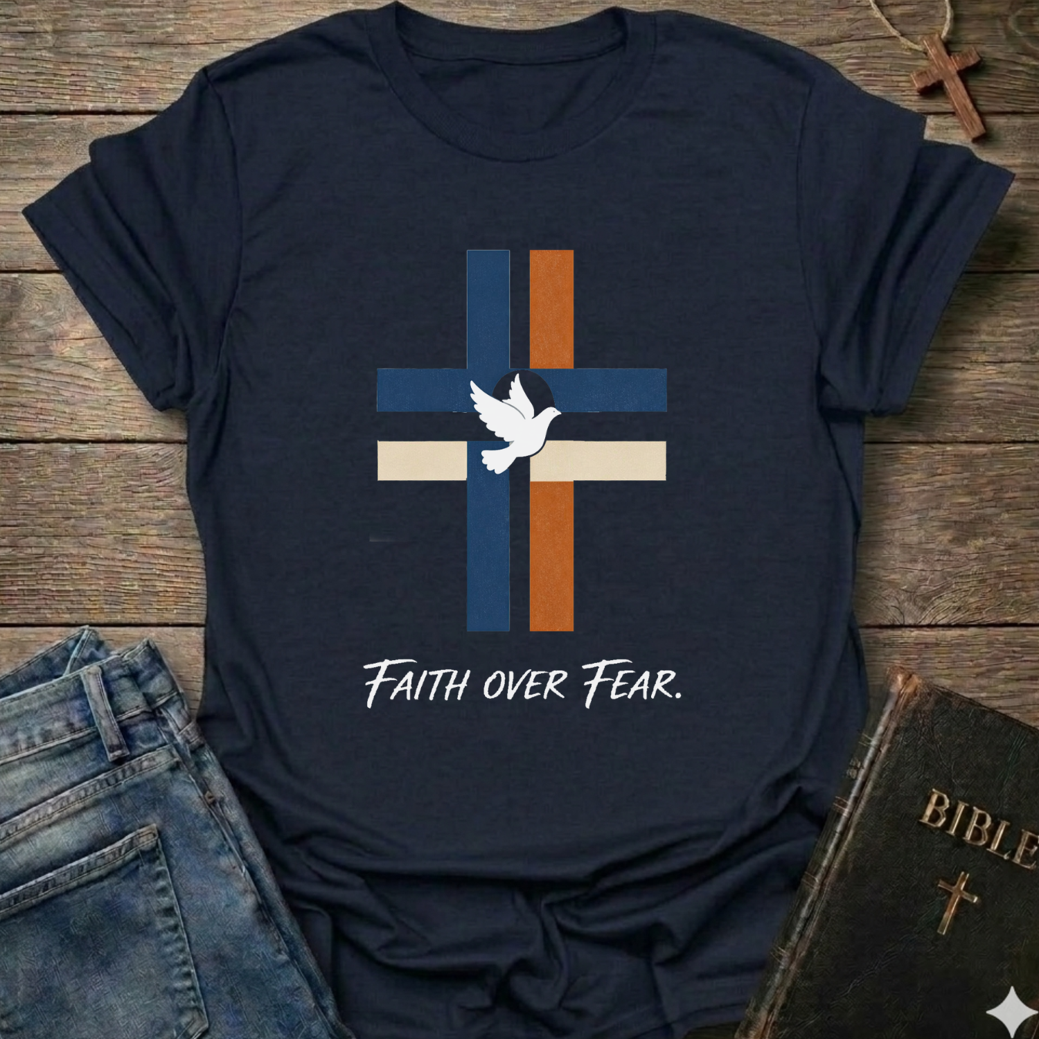 Faith over Fear Cross Dove Christian T-Shirt white faith apparel conversation starter