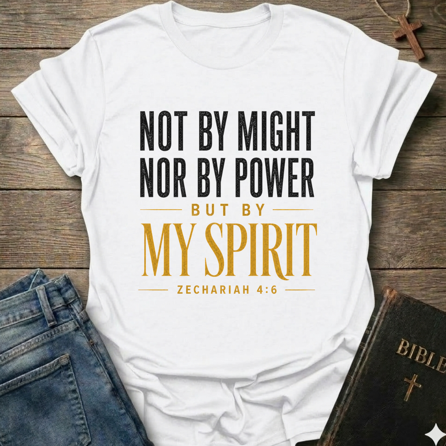 A white graphic t-shirt laid flat on a rustic wooden surface, styled with blue jeans and a black Bible. The t-shirt features the text 'NOT BY MIGHT NOR BY POWER BUT BY MY SPIRIT ZECHARIAH 4:6' in black and gold lettering.