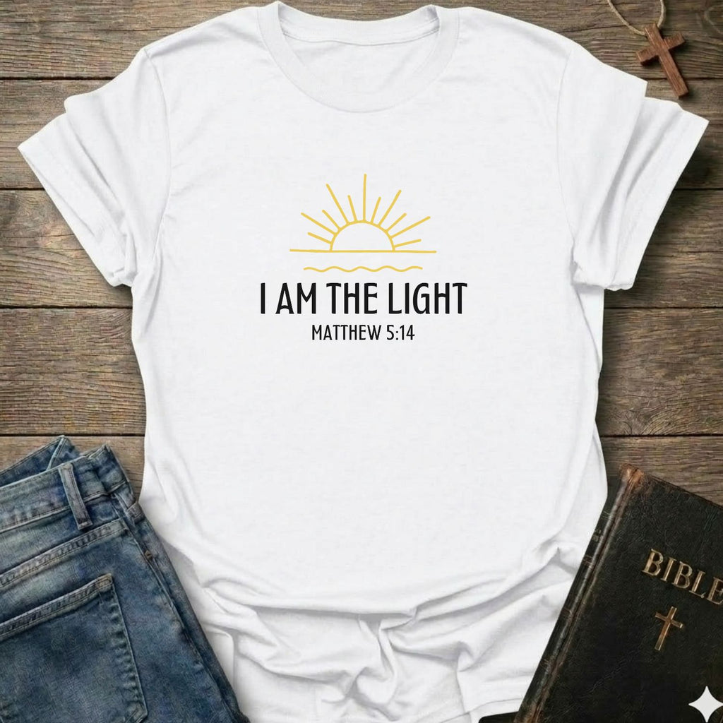 A white short-sleeve T-shirt laid flat on a rustic wooden surface, printed with a yellow sun graphic and the text 'I AM THE LIGHT MATTHEW 5:14.' Blue jeans and a black Bible are partially visible as styling props.