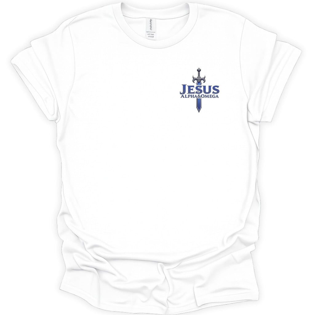 A white short-sleeve crewneck t-shirt with a blue graphic on the left chest featuring a sword and the text 'JESUS ALPHA & OMEGA' in dark blue. The shirt is shown flat against a white background.