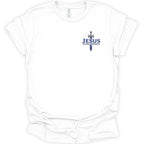 A white short-sleeve crewneck t-shirt with a blue graphic on the left chest featuring a sword and the text 'JESUS ALPHA & OMEGA' in dark blue. The shirt is shown flat against a white background.