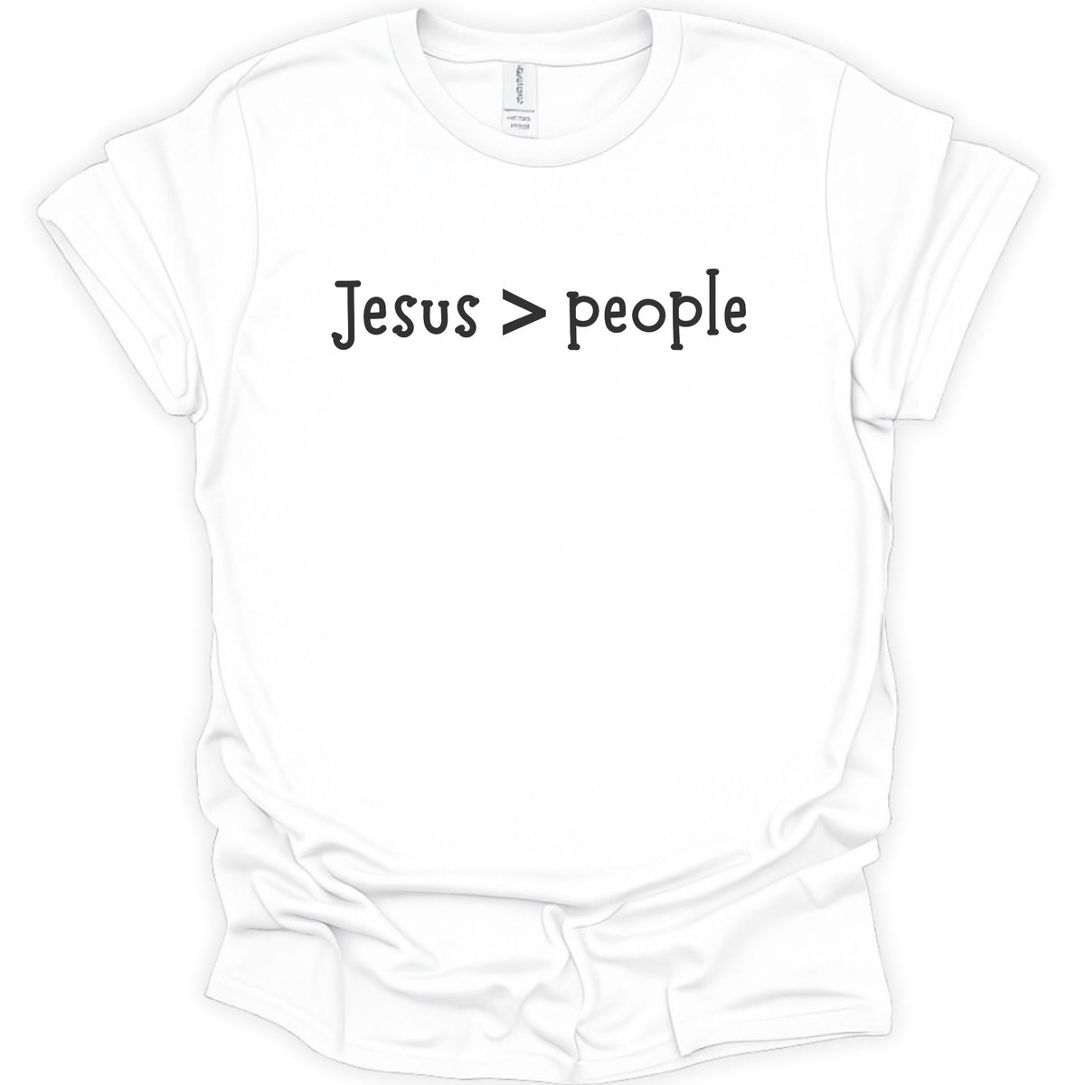 A white short-sleeve crewneck t-shirt with the text 'Jesus > people' printed in black across the chest, displayed on a clean white background.
