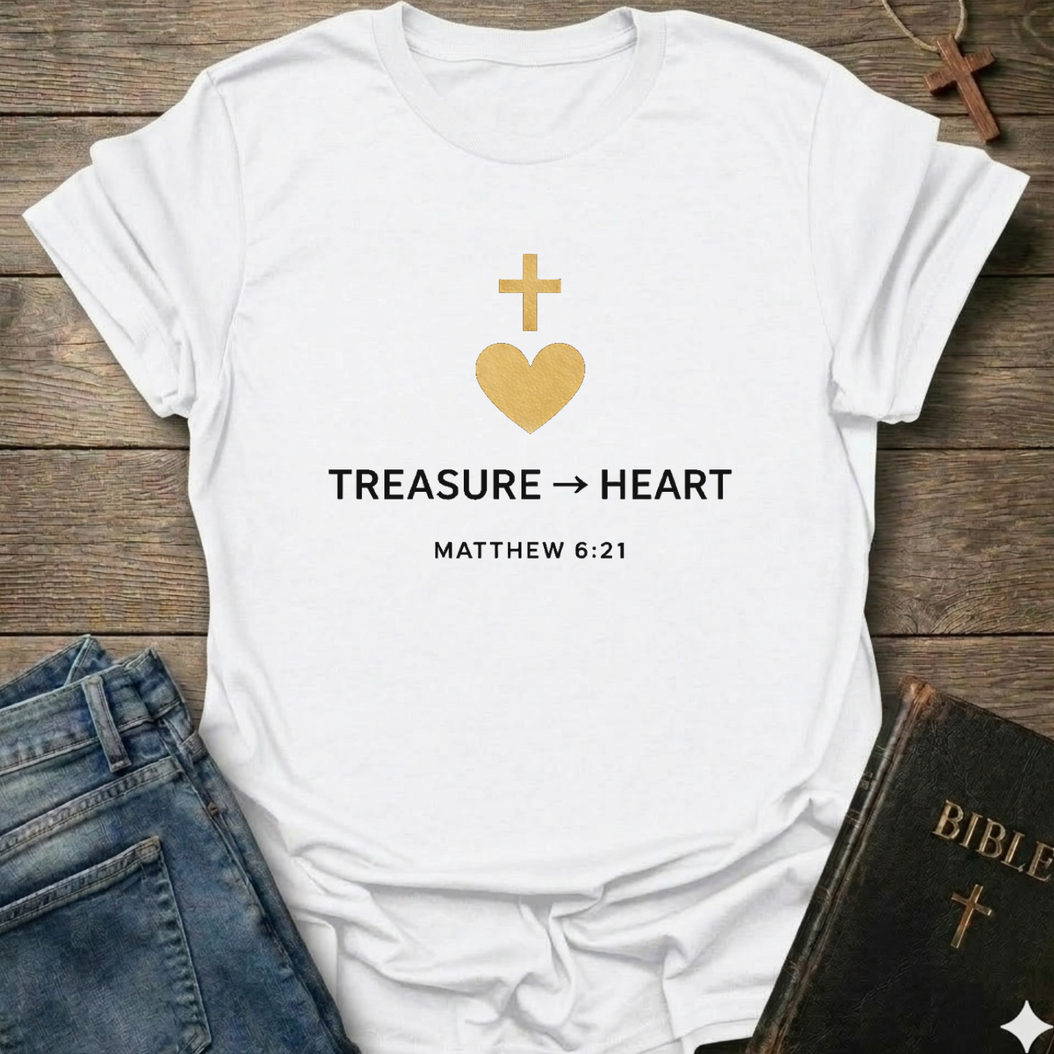 Treasure Heart Christian T-Shirt Matthew 6:21 gold cross faith apparel conversation starter
