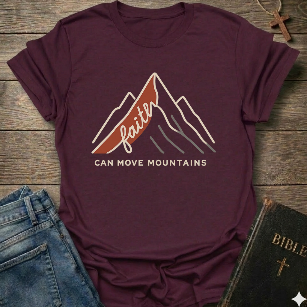 Maroon Christian t-shirt with 'Faith can move mountains' graphic Matthew 17:20 faith apparel conversation starter on a wooden surface with jeans and a Bible. 