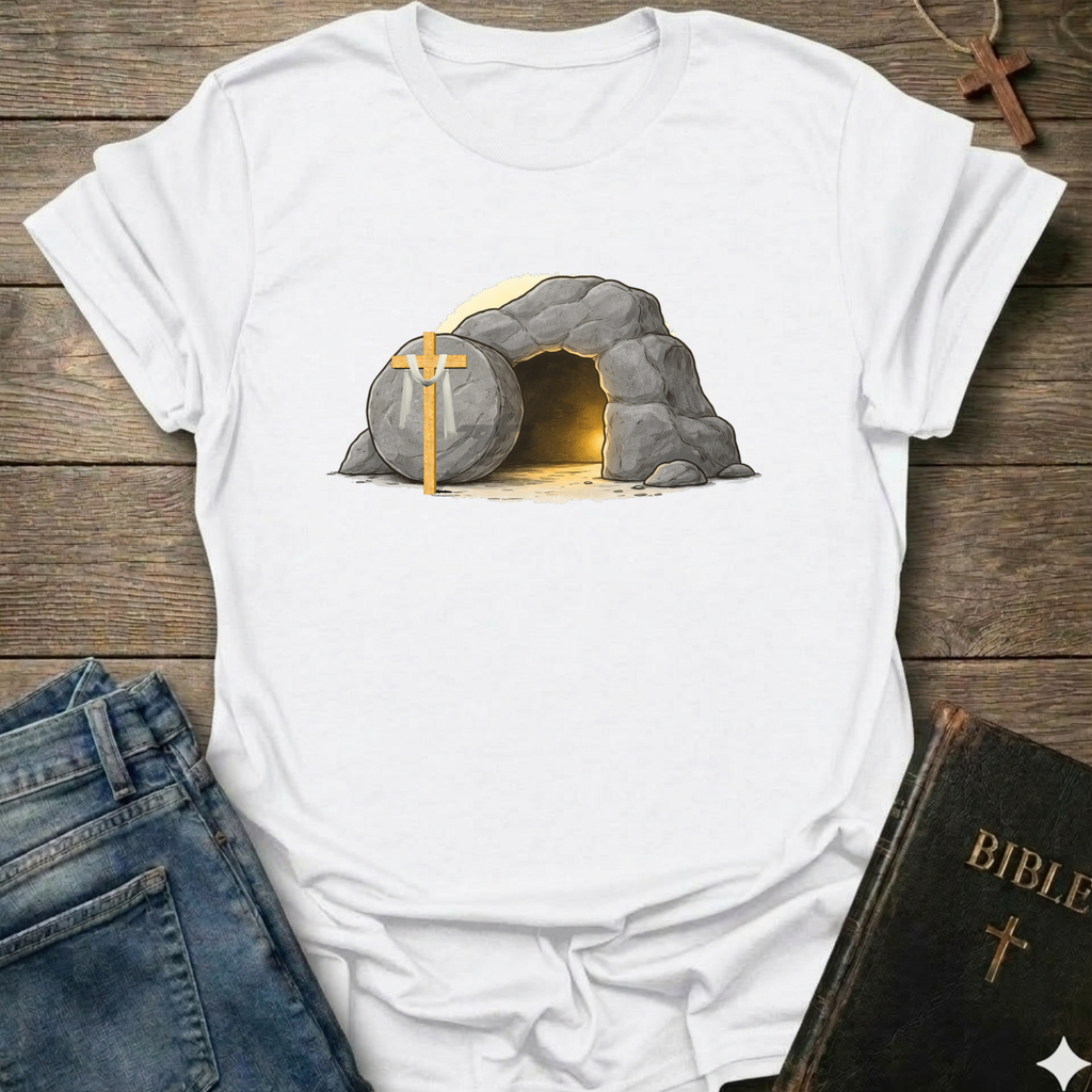 White t-shirt with a graphic of a  Empty Tomb and a cross Christian resurrection faith apparel conversation starter on a wooden surface with jeans and a Bible.