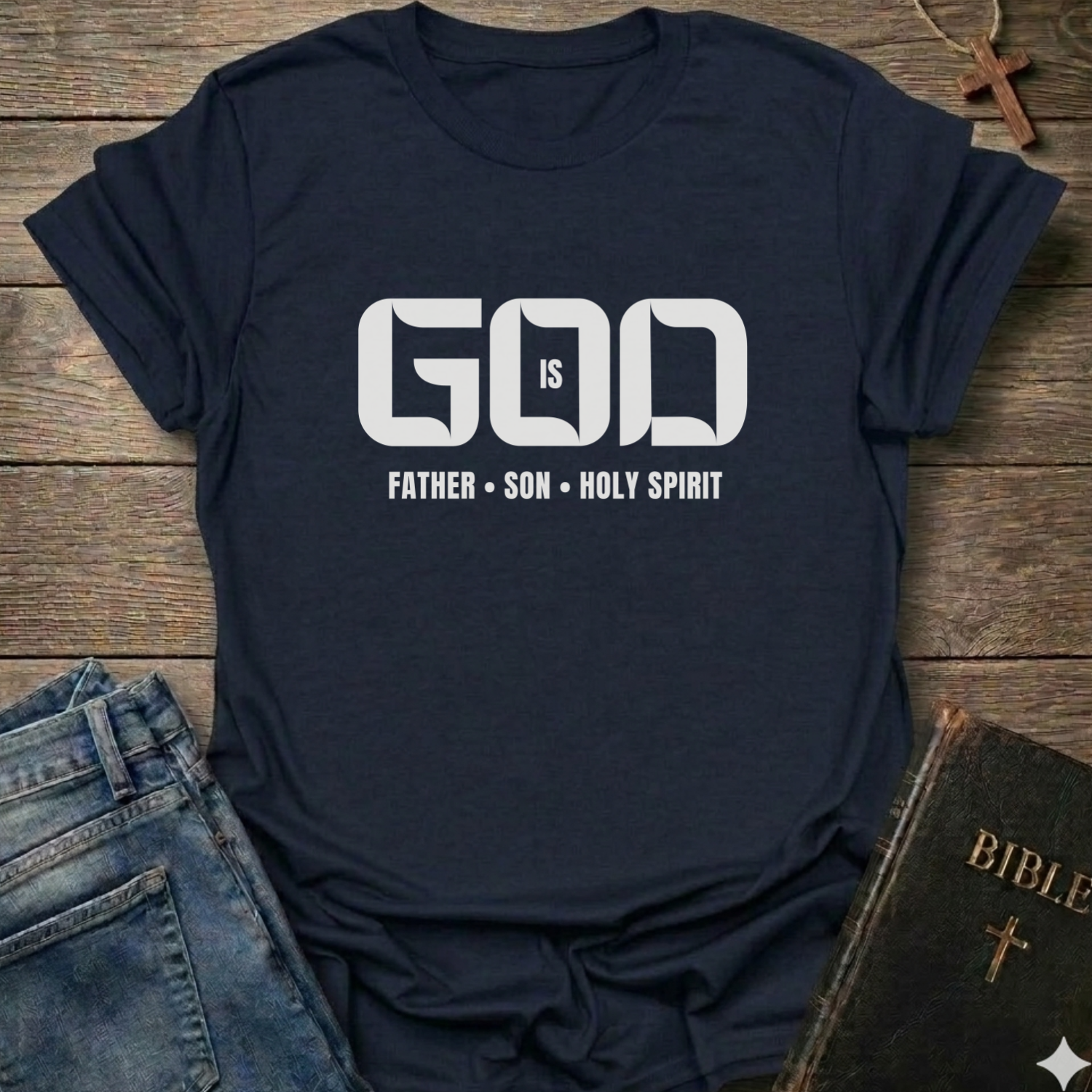God is Father Son Holy Spirit Trinity Christian T-Shirt bold typography faith apparel conversation starter