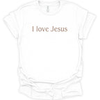 A white short-sleeve crewneck t-shirt with the text 'I love Jesus' printed in a brown serif font across the chest, displayed on a clean white background.