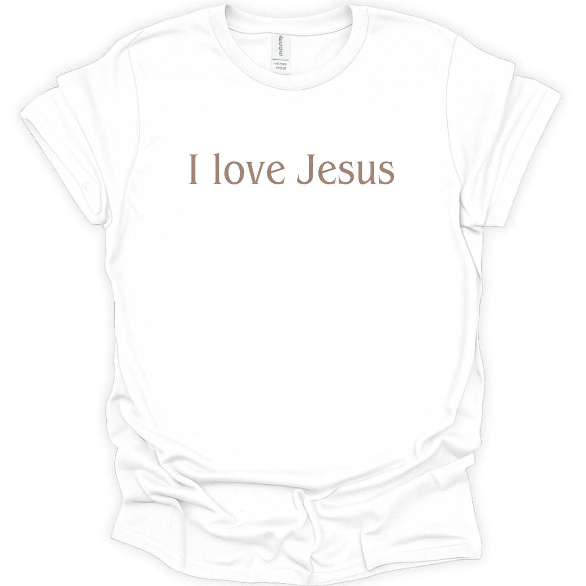 A white short-sleeve crewneck t-shirt with the text 'I love Jesus' printed in a brown serif font across the chest, displayed on a clean white background.