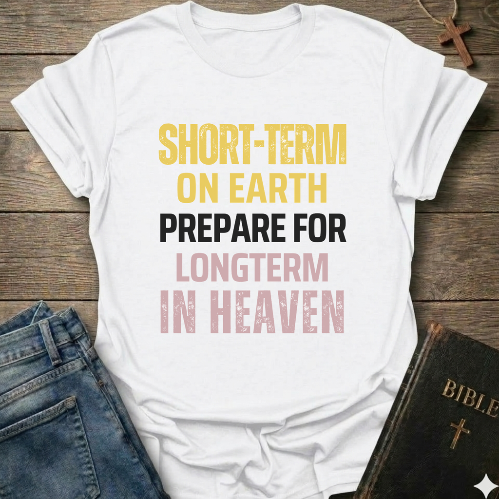 White t-shirt with text "Short Term on Earth Prepare for Long Term in Heaven" Christian T-Shirt bold faith apparel conversation starter, on a wooden surface with jeans and a Bible.