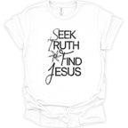 A white short-sleeve crewneck t-shirt with a black graphic print on the front reading 'SEEK TRUTH FIND JESUS' in a mix of serif and cursive fonts, displayed on a clean white background.