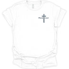 A white short-sleeve crewneck t-shirt with a small dark blue graphic on the left chest featuring a cross and the word 'Redempted'.