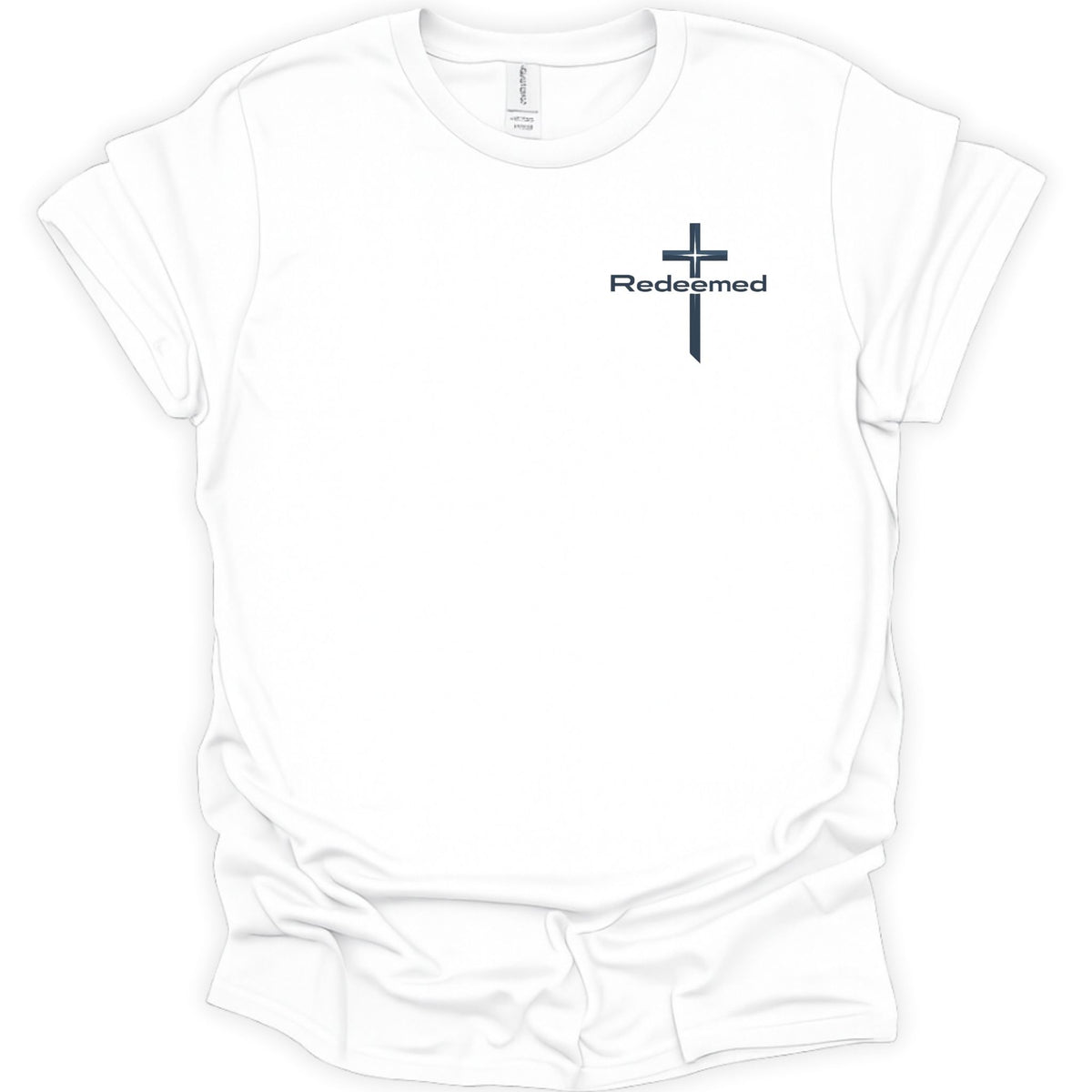 A white short-sleeve crewneck t-shirt with a small dark blue graphic on the left chest featuring a cross and the word 'Redempted'.