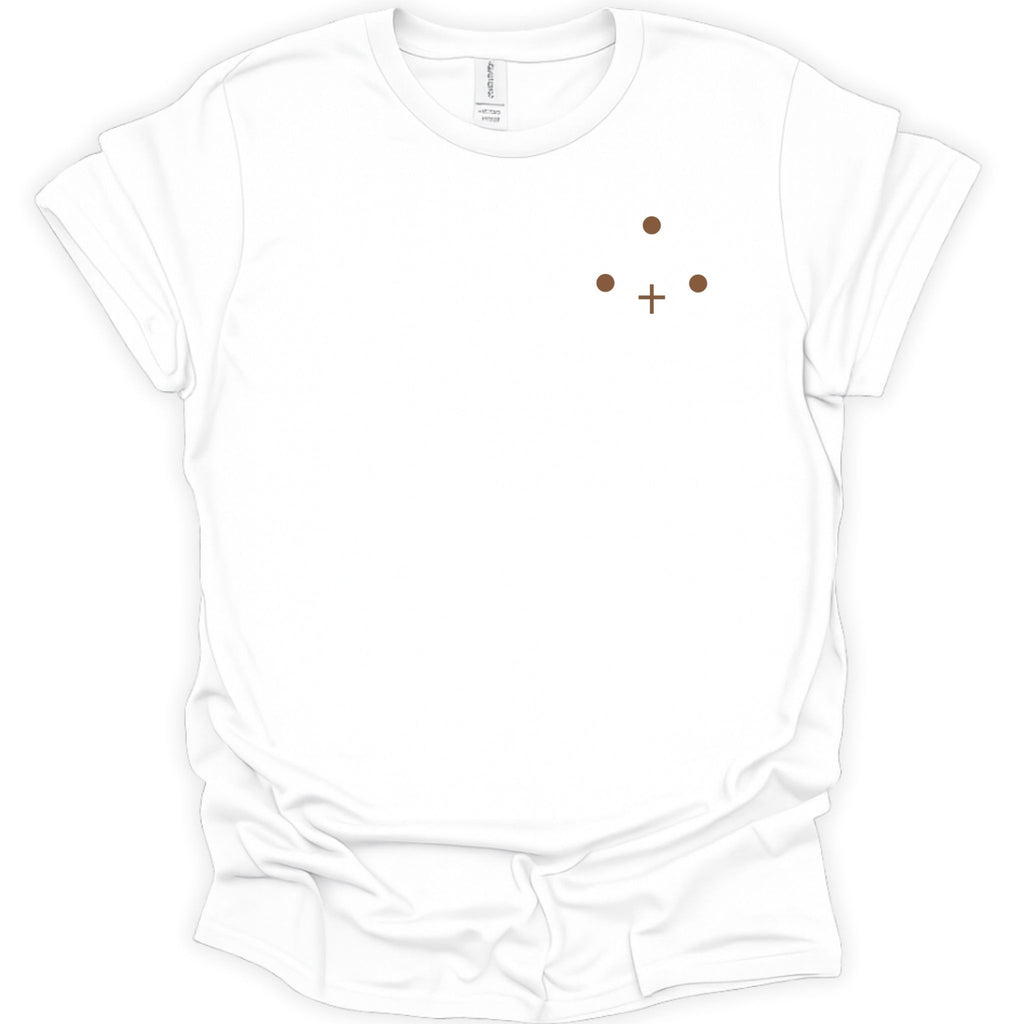 A white short-sleeve crewneck t-shirt with a small minimalist graphic on the left chest consisting of three brown dots and a brown cross, displayed on a clean white background.