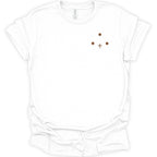 A white short-sleeve crewneck t-shirt with a small minimalist graphic on the left chest consisting of three brown dots and a brown cross, displayed on a clean white background.