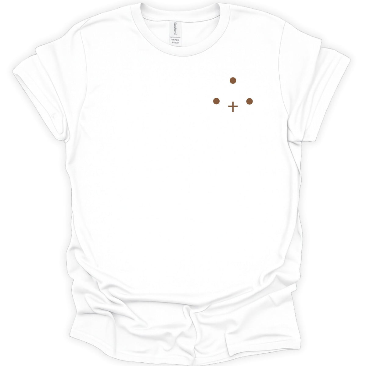 A white short-sleeve crewneck t-shirt with a small minimalist graphic on the left chest consisting of three brown dots and a brown cross, displayed on a clean white background.