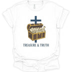 A white short-sleeve crewneck t-shirt featuring a graphic of an open treasure chest filled with cash, overlaid with a dark blue cross, and the text 'TREASURE & TRUTH' printed below.