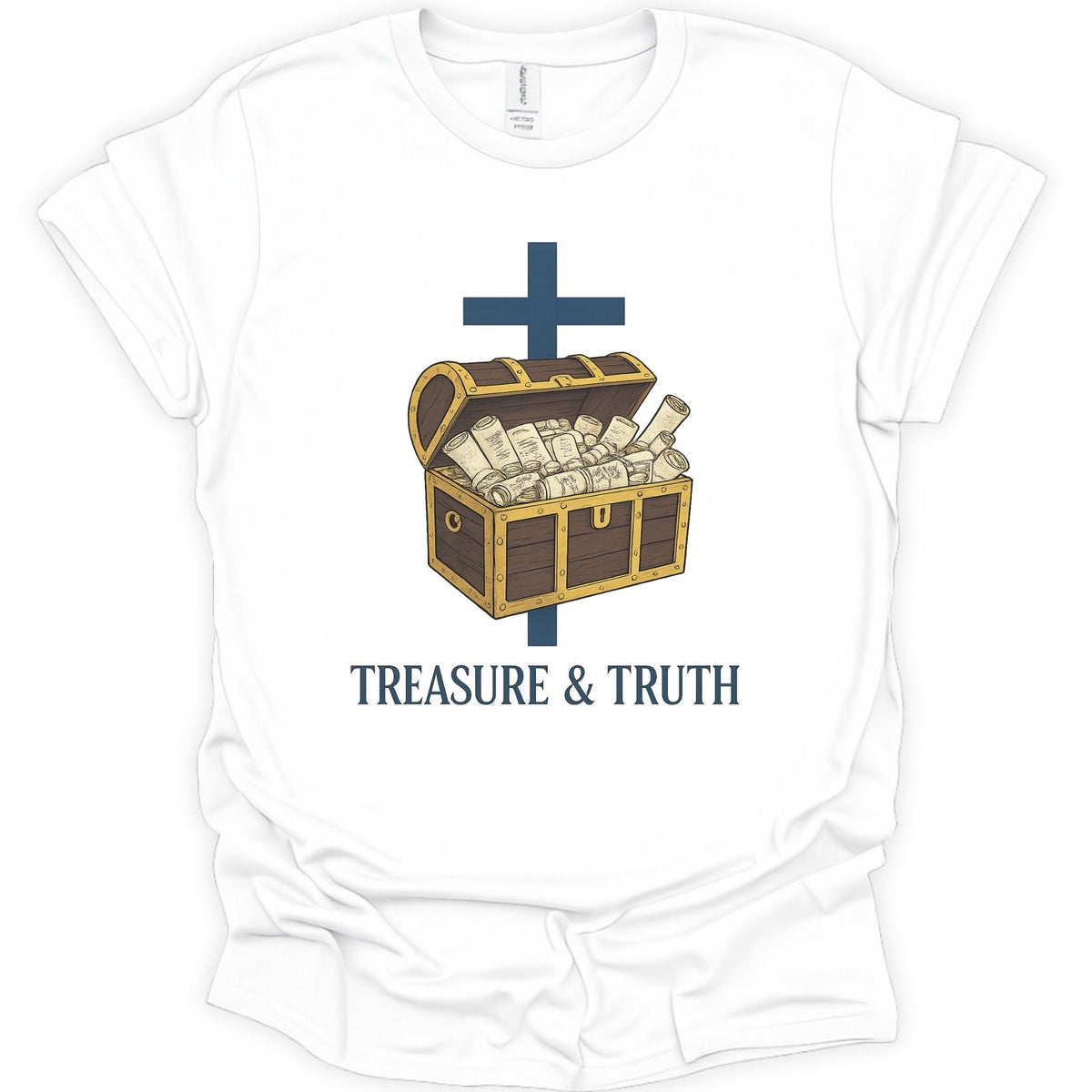 A white short-sleeve crewneck t-shirt featuring a graphic of an open treasure chest filled with cash, overlaid with a dark blue cross, and the text 'TREASURE & TRUTH' printed below.