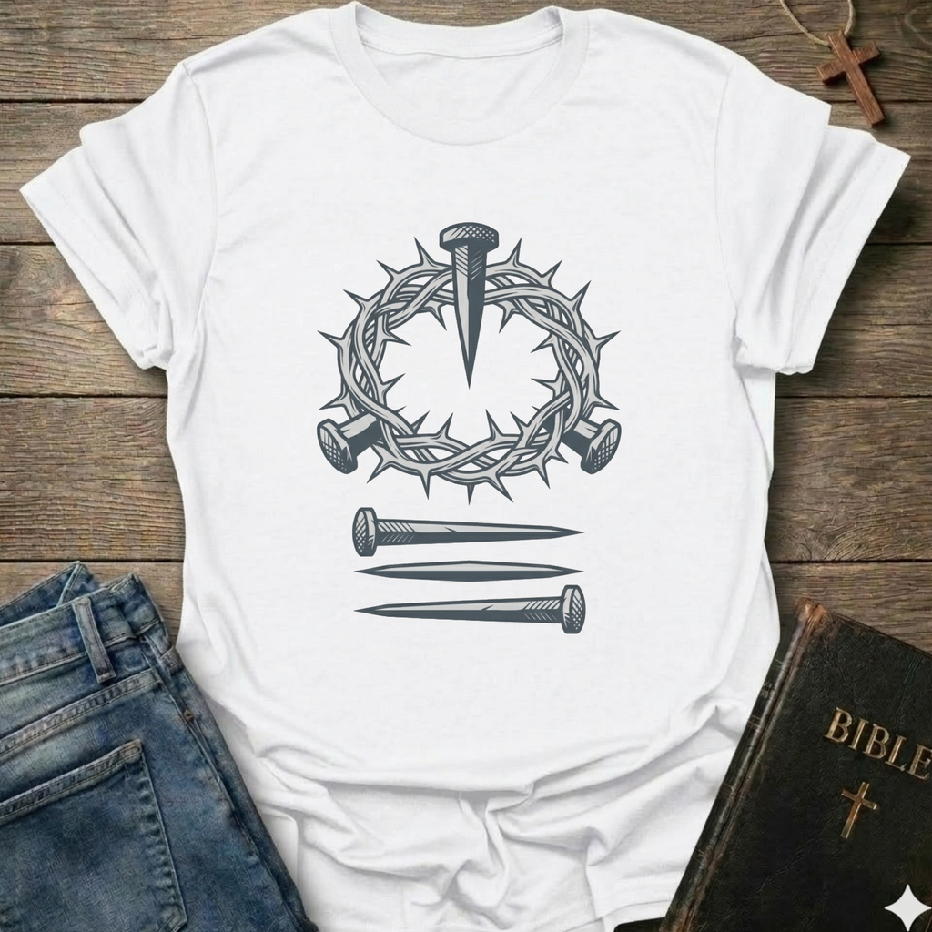 White Christian T-Shirt Gospel faith apparel conversation starter with a crown of thorns and nails design on a wooden surface. 