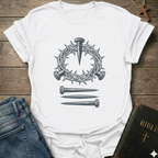 White Christian T-Shirt Gospel faith apparel conversation starter with a crown of thorns and nails design on a wooden surface. 