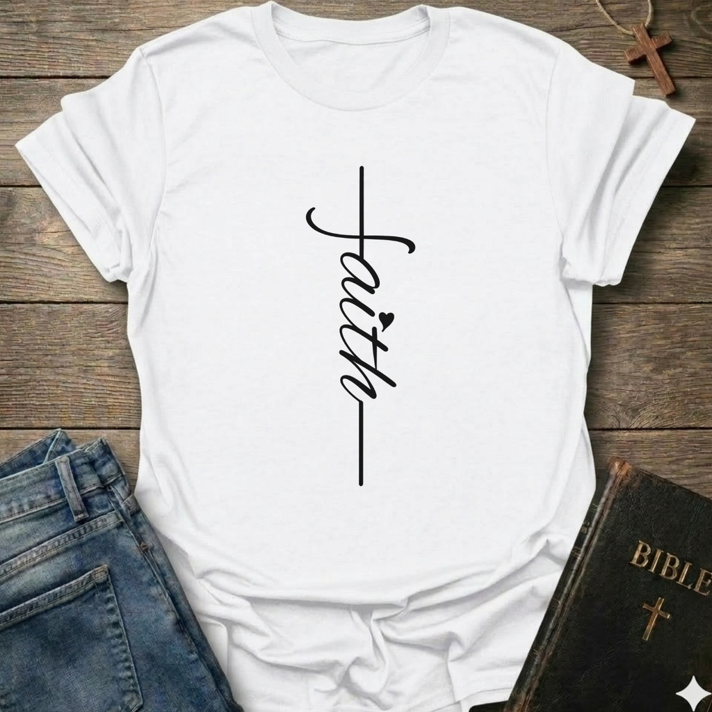 White t-shirt with 'faith' printed on it, placed on a wooden surface with jeans and a Bible. Faith Minimalist Cross Script Christian T-Shirt bold faith apparel Faith Forward