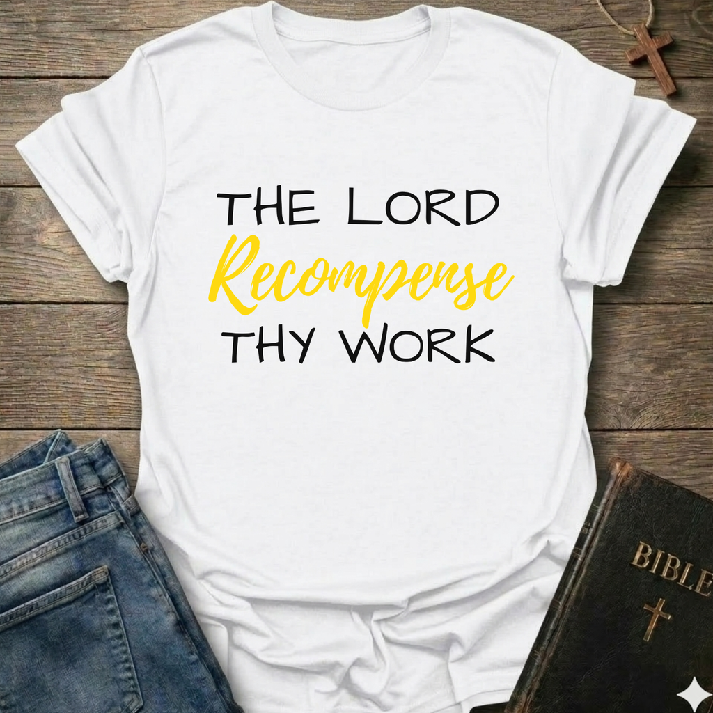 White t-shirt with "The Lord Recompense Thy Work" Ruth 2:12 black gold text faith apparel Faith Forward on a wooden surface with jeans and a Bible.