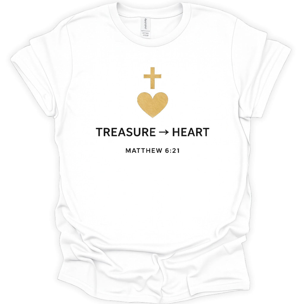 A white short-sleeve crewneck t-shirt with a gold heart and cross graphic above the text 'TREASURE -> HEART' and 'MATTHEW 6:21' printed in black.