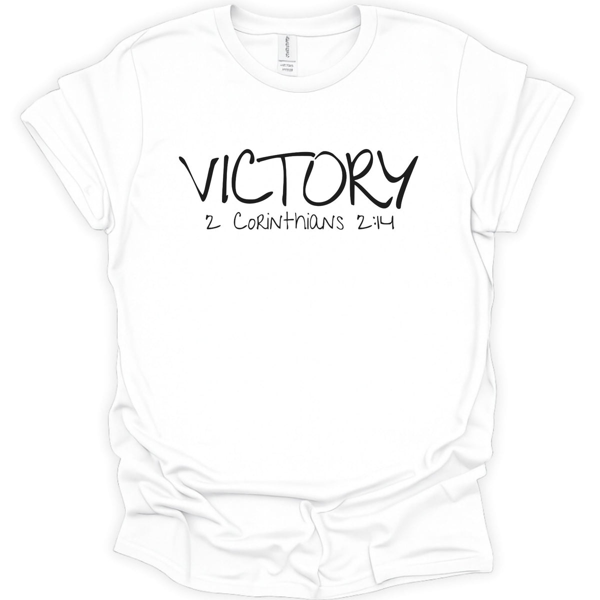 A white short-sleeve crewneck t-shirt with 'VICTORY 2 CORINTHIANS 2:14' printed in black across the chest, displayed on a clean white background.