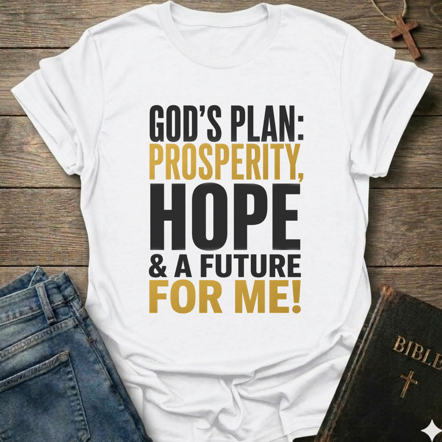 A white graphic t-shirt laid flat on a rustic wooden background, styled with blue jeans and a Bible. The t-shirt features the text 'GOD'S PLAN: PROSPERITY, HOPE & A FUTURE FOR ME!' in black and mustard yellow lettering.