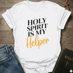 White t-shirt with 'Holy Spirit is my Helper' text on a wooden surface with jeans and a Bible. Holy Spirit is My Helper Christian T-Shirt John 14:26 faith apparel Faith Forward