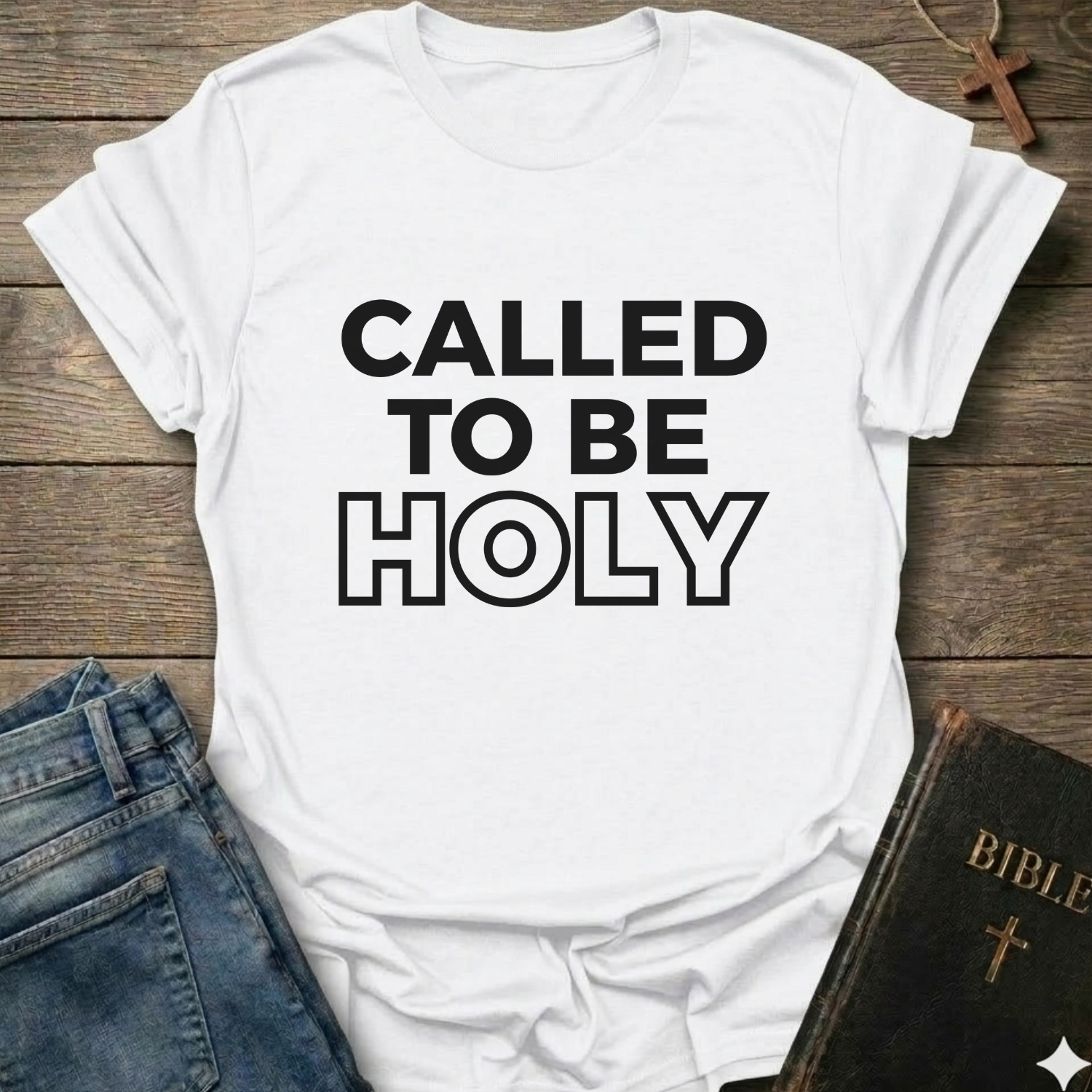 White t-shirt with 'Called to be Holy' Christian T-Shirt bold faith apparel 1 Peter 1:15 conversation starter text on a wooden surface with jeans and a Bible.