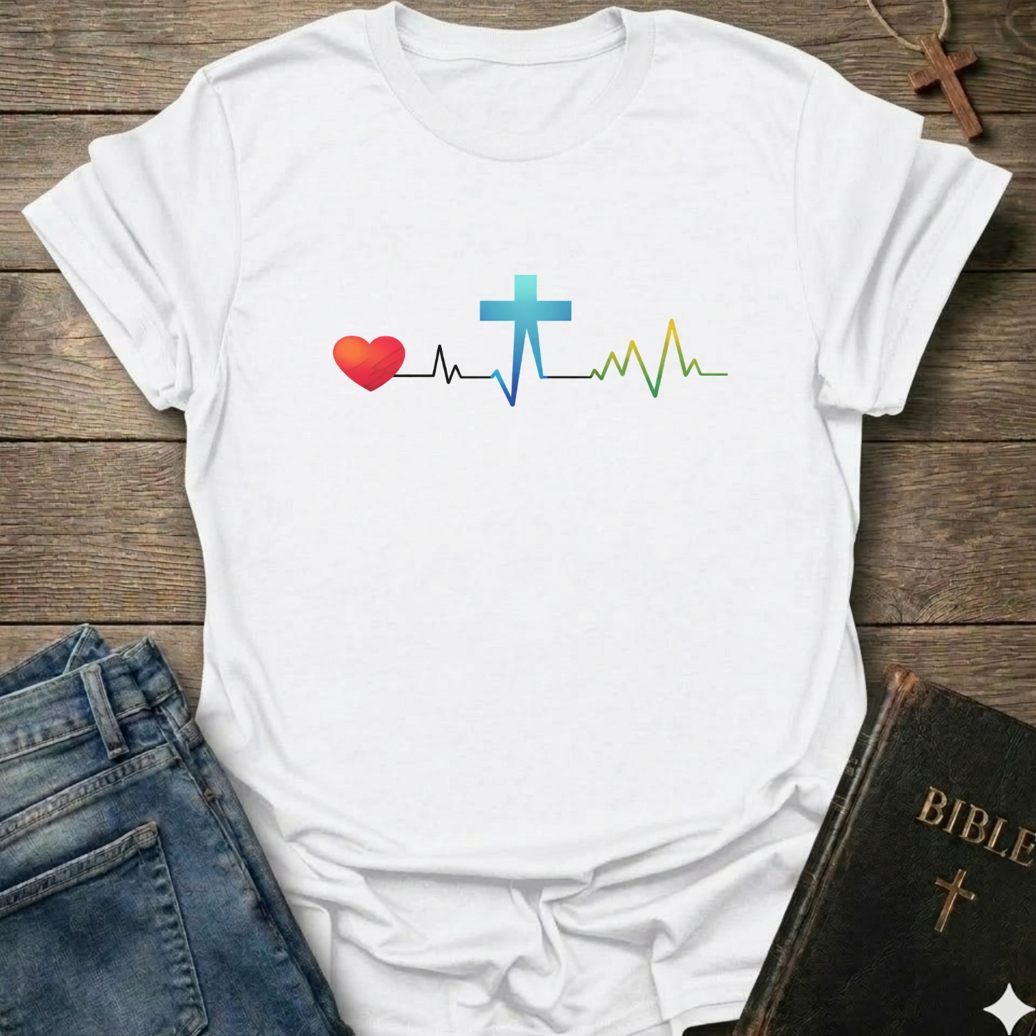 White t-shirt with a heart, cross, and heartbeat line design on a wooden surface with jeans and a Bible.