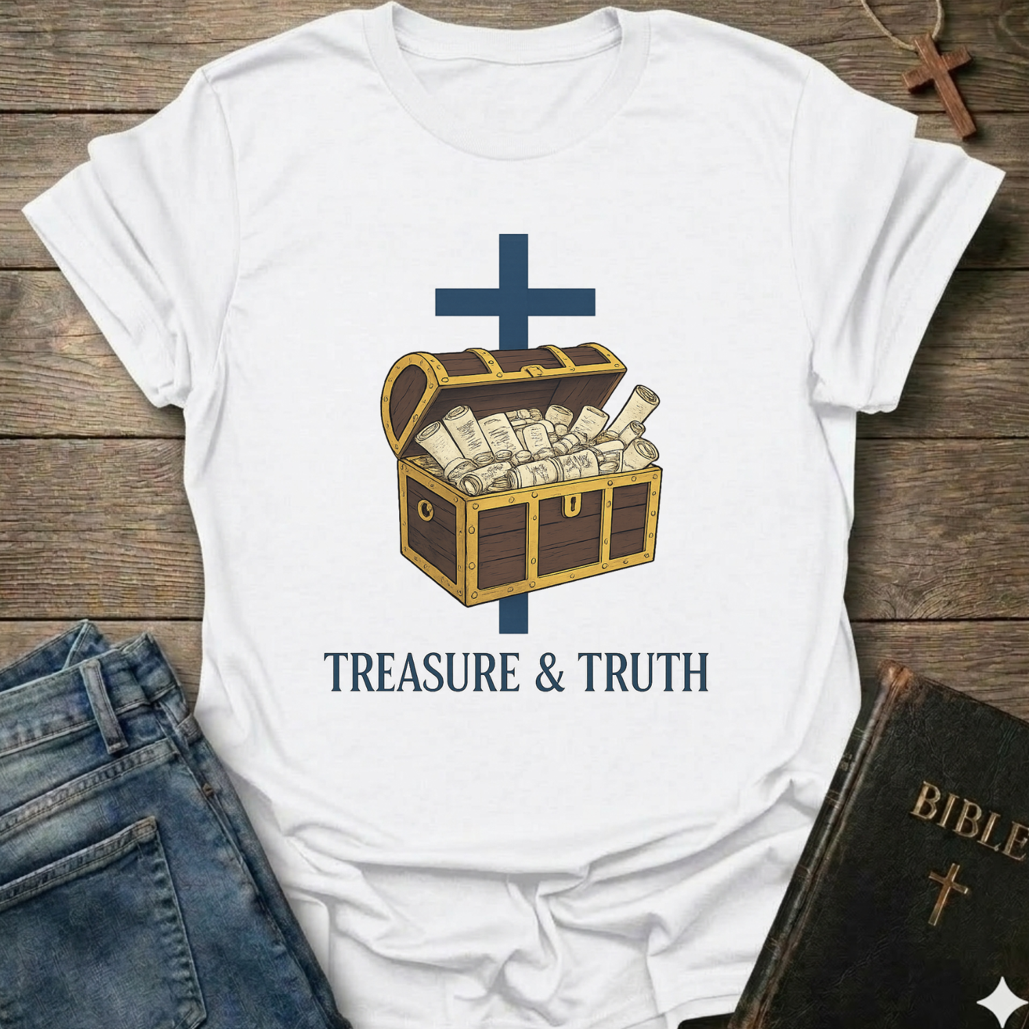 Treasure and Truth Brand Signature Christian T-Shirt cross scripture chest faith apparel conversation starter