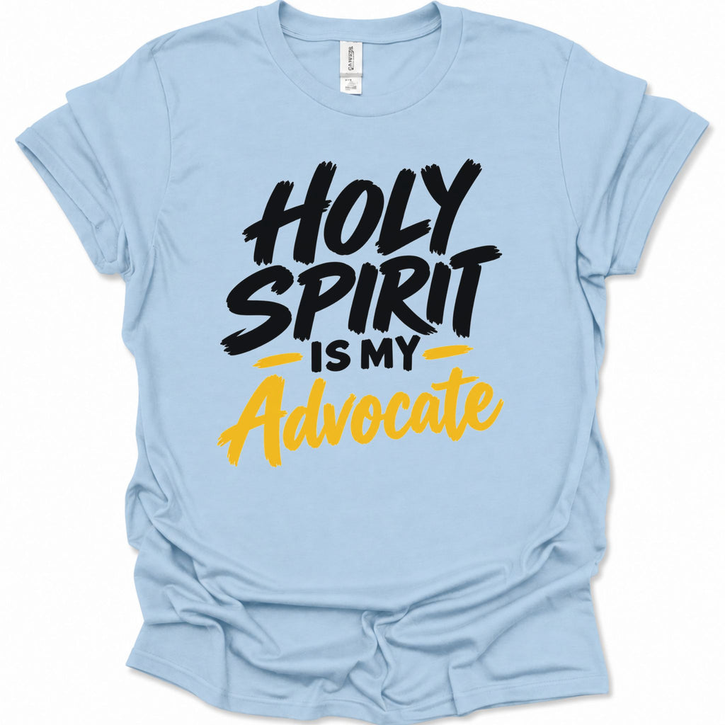 A light blue short-sleeve t-shirt with a graphic print that reads 'HOLY SPIRIT IS MY Advocate' in black and yellow lettering, displayed on a clean white background.